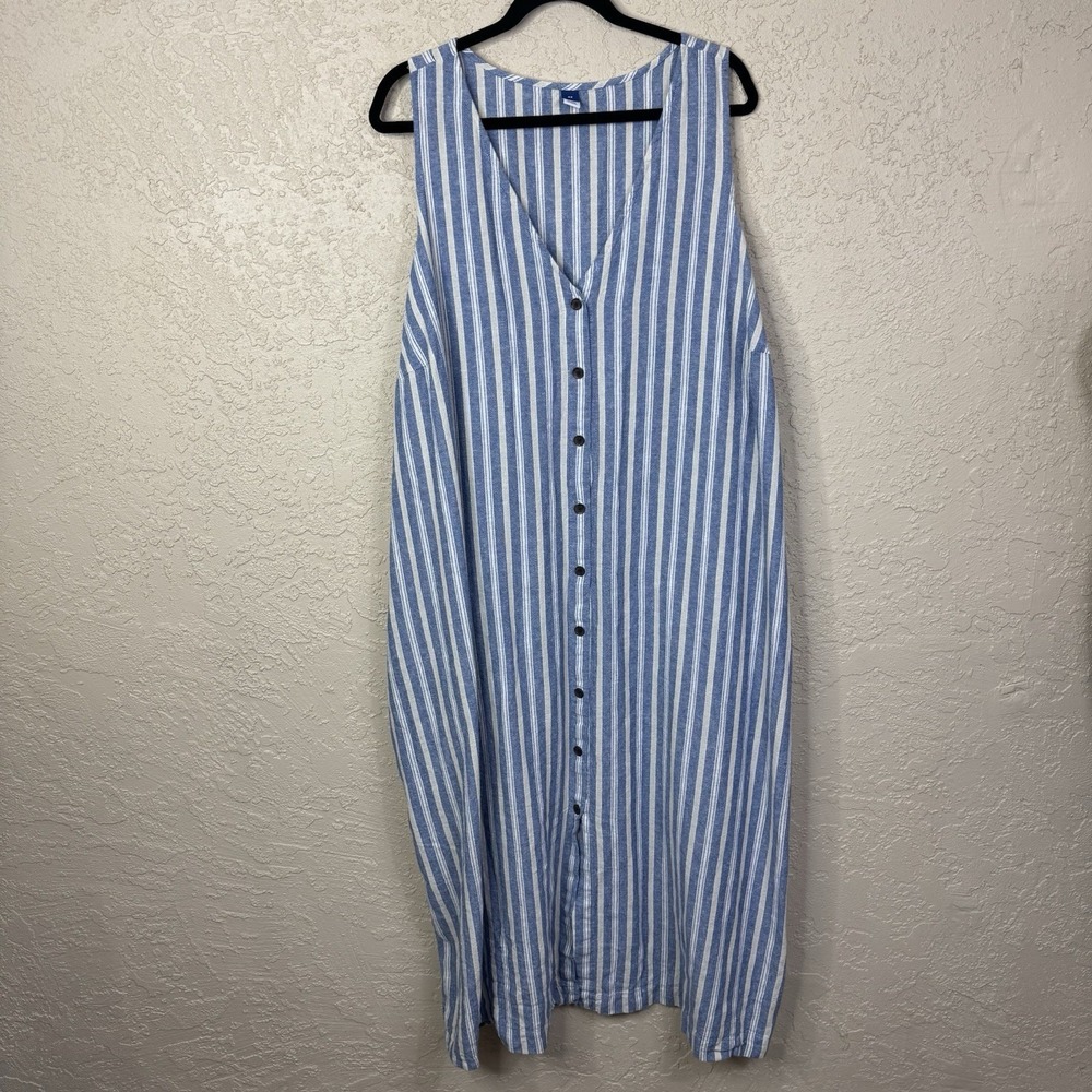 Old Navy Linen Blend Maxi Dress Blue White Striped Pockets Size 4X Sleeveless